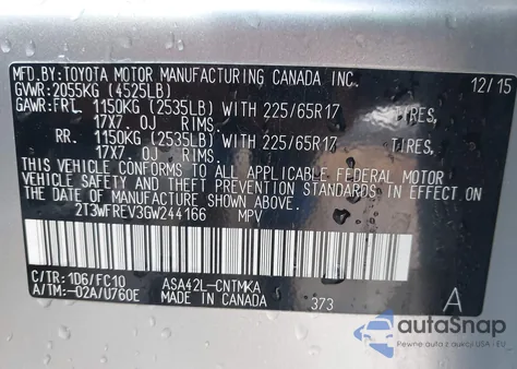 2016 Toyota Rav4 Xle z USA, uszkodzony, nr VIN 2T3WFREV3GW244166